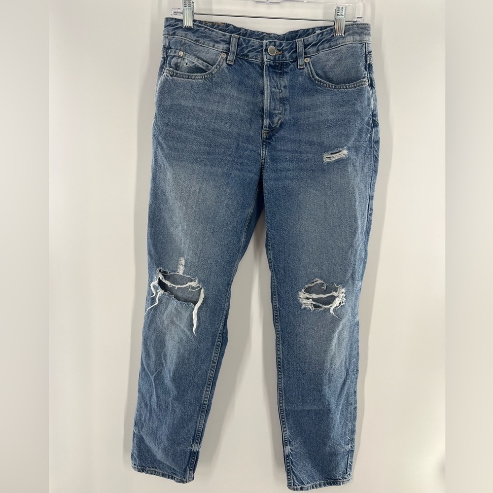 & DENIM BOYFRIEND LOW WAIST BLUE FLY DESTROYED JEANS SIZE 4 - Picture 6 of 7